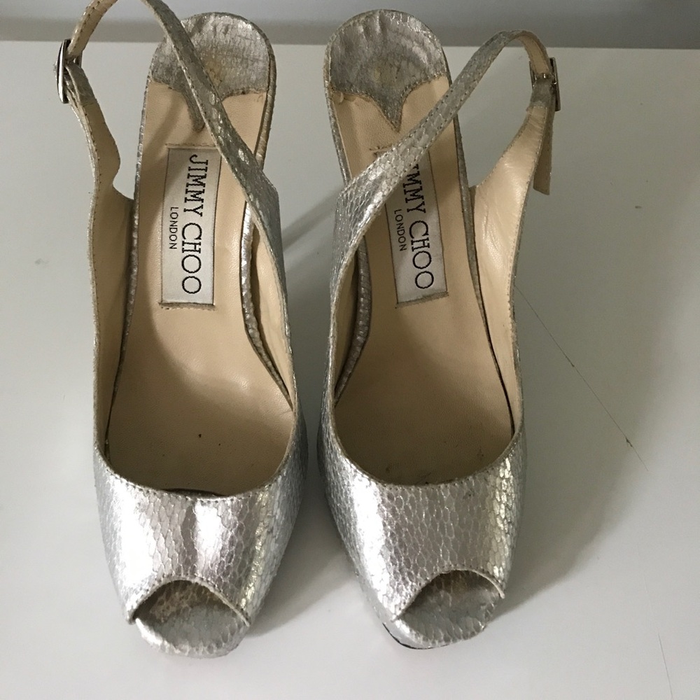 Jimmy Choo Silver Peep-Toe Slingback Heels